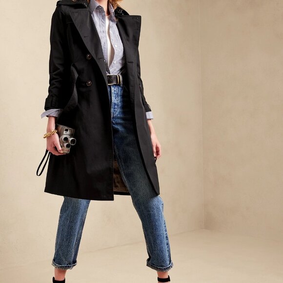 Banana Republic Black Trench Coat Leopard Lining Tie Waist | Size L - Picture 1 of 12